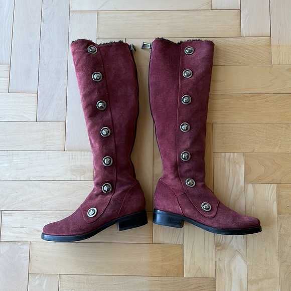 7 For All Mankind Burgundy Red Suede and Shearling Tall Boots Size 7 - Picture 1 of 10
